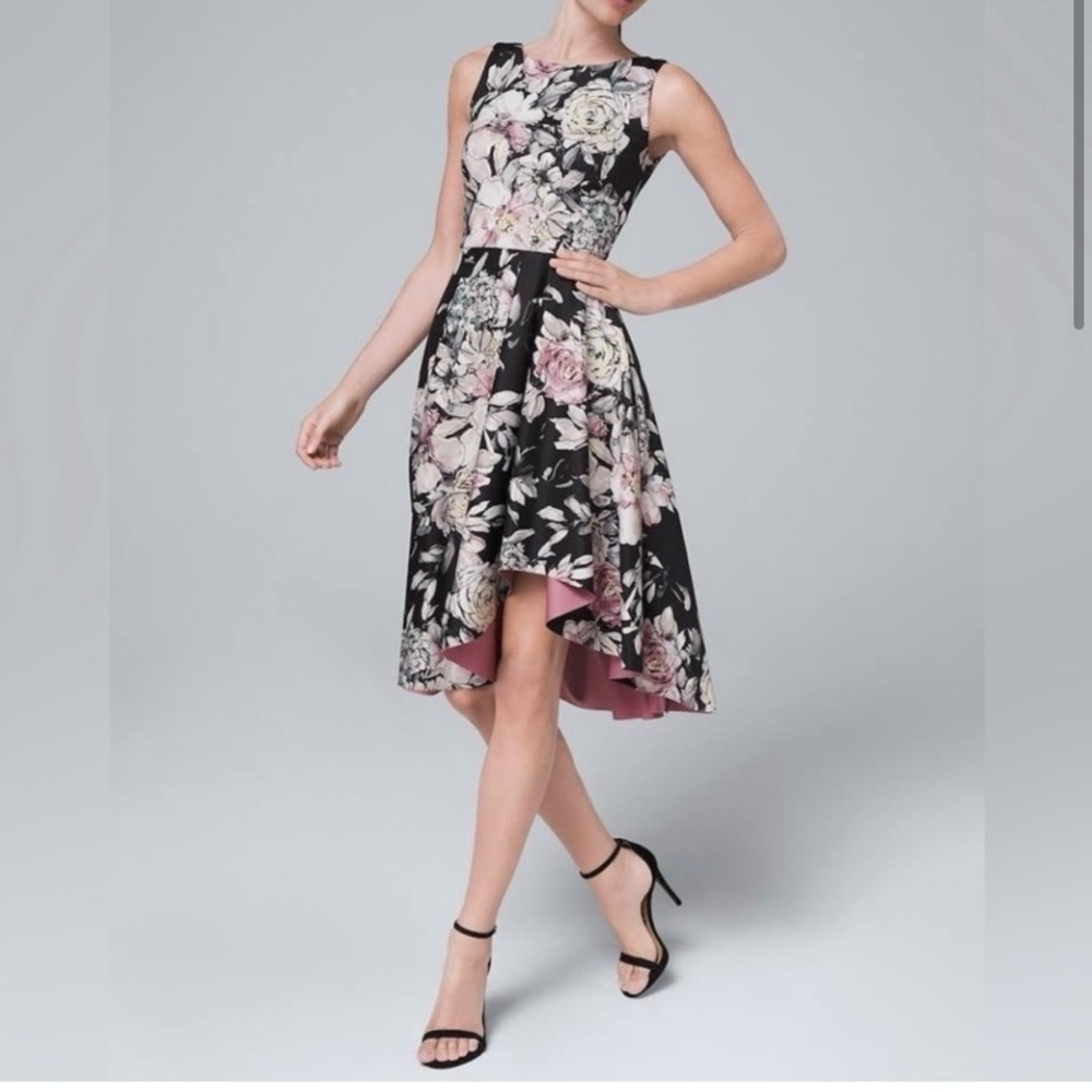 White House Black Market Black and Pink Floral High-Low Dress